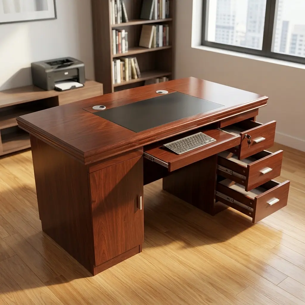 1.4Meters Executive Office Desk finished in a rich cherry wood grain veneer, featuring a multi-tiered bevelled tabletop with an embedded black leatherette writing inlay and dual circular silver cable grommets, an extended pull-out keyboard tray holding a silver keyboard, a left-side storage cabinet, and a right-side three-drawer pedestal with all drawers pulled open, displaying brushed silver handles and a top drawer key lock.