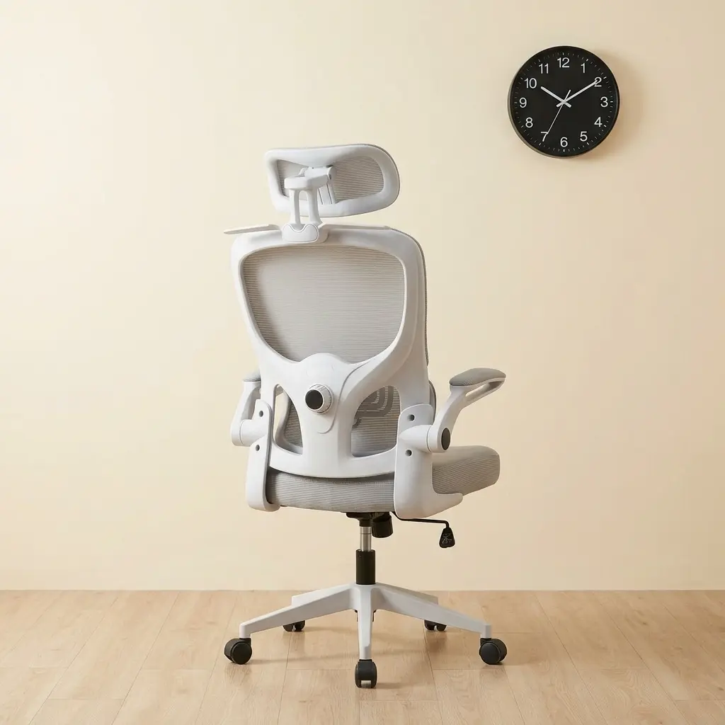 White ergonomic office chair featuring a contoured mesh headrest, a light grey or slate blue breathable mesh backrest with an integrated lower lumbar cushion, flip-up padded armrests with white frames, a matching padded fabric seat cushion, and a five-star white nylon swivel base on dual-wheel casters.
