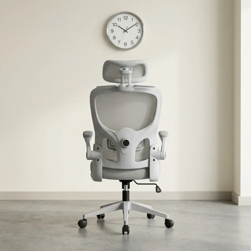 White ergonomic office chair featuring a contoured mesh headrest, a light grey or slate blue breathable mesh backrest with an integrated lower lumbar cushion, flip-up padded armrests with white frames, a matching padded fabric seat cushion, and a five-star white nylon swivel base on dual-wheel casters.
