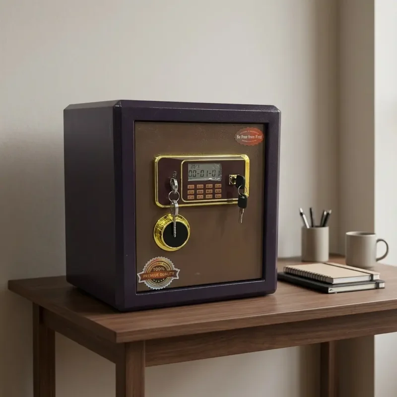 30kgs fireproof safe box featuring a heavy-duty steel body with a textured dark bronze outer frame, a gold-trimmed electronic digital keypad panel, a central LCD screen display, a gold circular mechanical dial, and a dual-key override lock system with keys inserted.