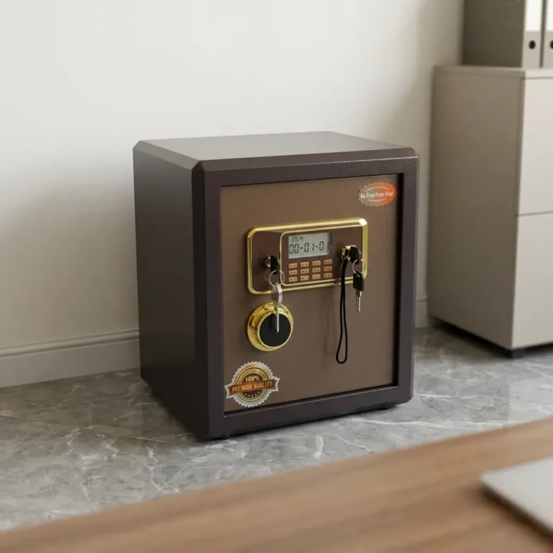 40kgs fireproof safe box featuring a heavy-duty steel chassis with a textured dark bronze outer casing, a gold-bordered electronic digital keypad with a central LCD screen display, a gold circular mechanical dial, and a dual-key override lock system with keys inserted.