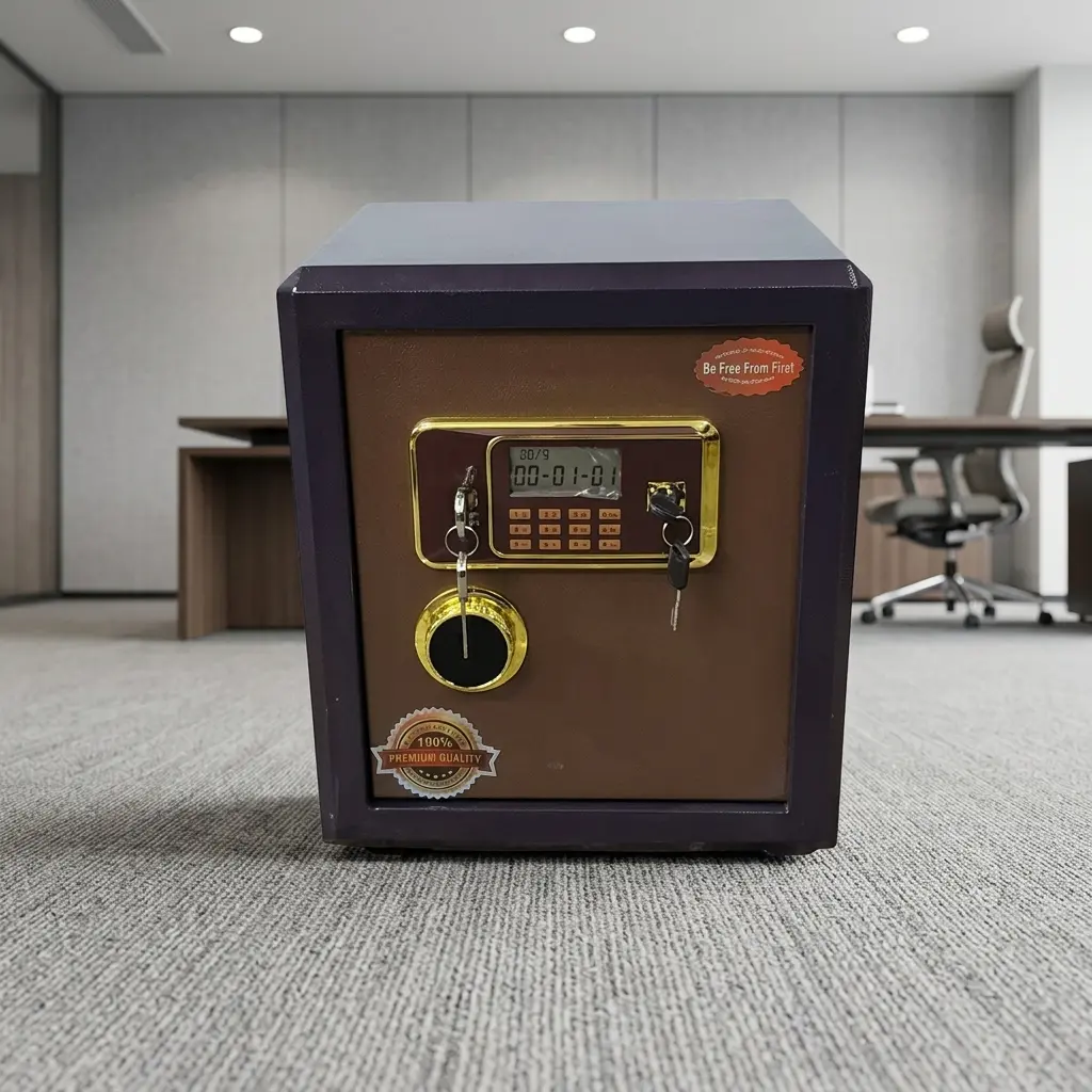 40kgs fireproof safe box featuring a heavy-duty steel chassis with a textured dark bronze outer casing, a gold-bordered electronic digital keypad with a central LCD screen display, a gold circular mechanical dial, and a dual-key override lock system with keys inserted.