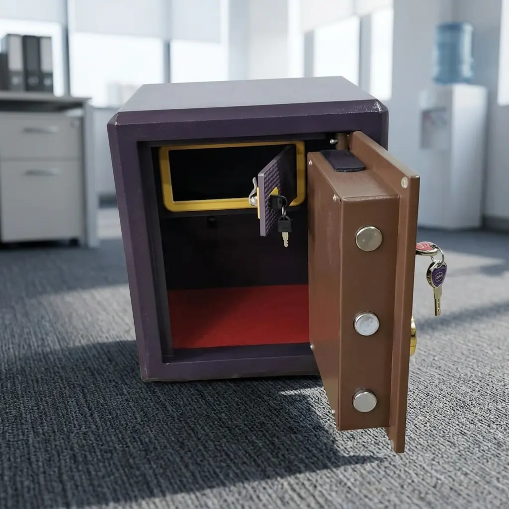 40kgs fireproof safe box featuring a heavy-duty steel chassis with a textured dark bronze outer casing, a gold-bordered electronic digital keypad with a central LCD screen display, a gold circular mechanical dial, and a dual-key override lock system with keys inserted.