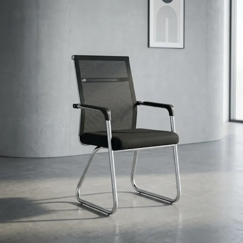 Mesh back office waiting chair featuring a mid-back tight-weave black mesh backrest, matching black mesh-textured padded seat cushion, integrated chrome armrests with black polymer arm pads, and a polished chrome tubular metal cantilever sled base.