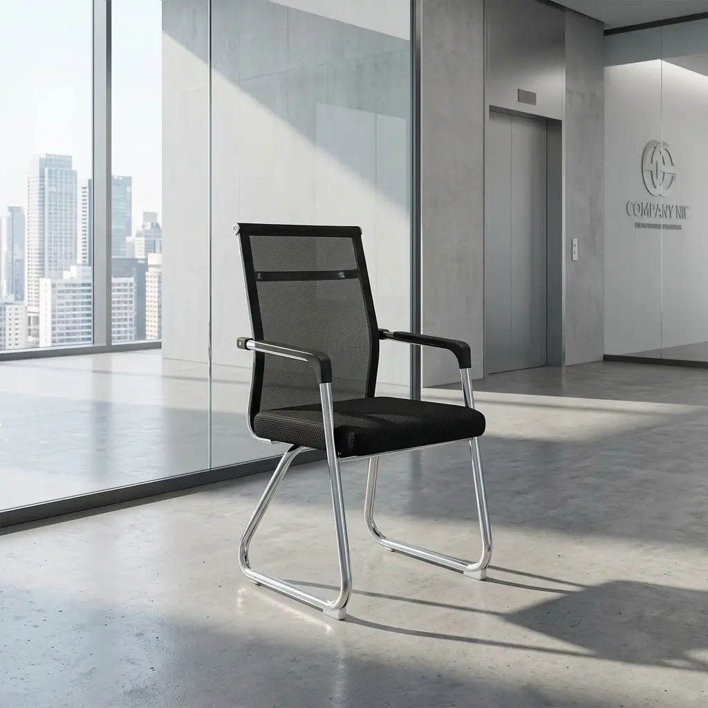 Mesh back office waiting chair featuring a mid-back tight-weave black mesh backrest, matching black mesh-textured padded seat cushion, integrated chrome armrests with black polymer arm pads, and a polished chrome tubular metal cantilever sled base.