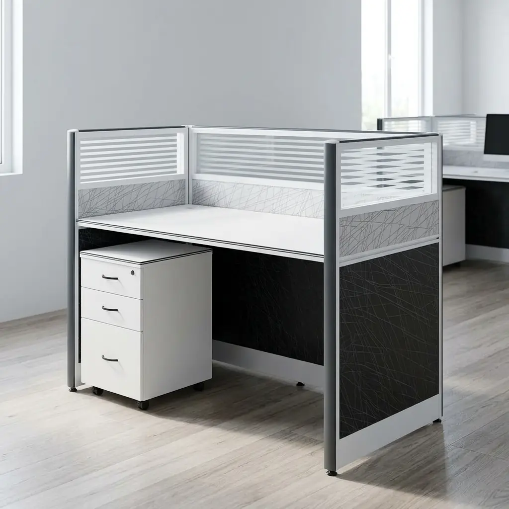 Single modular office workstation featuring a white rectangular desktop enclosed by silver-framed privacy partitions with frosted glass slatted tops, textured grey acoustic mid-panels, and charcoal black textured lower panels, paired with a matching white under-desk mobile pedestal file cabinet with three drawers.