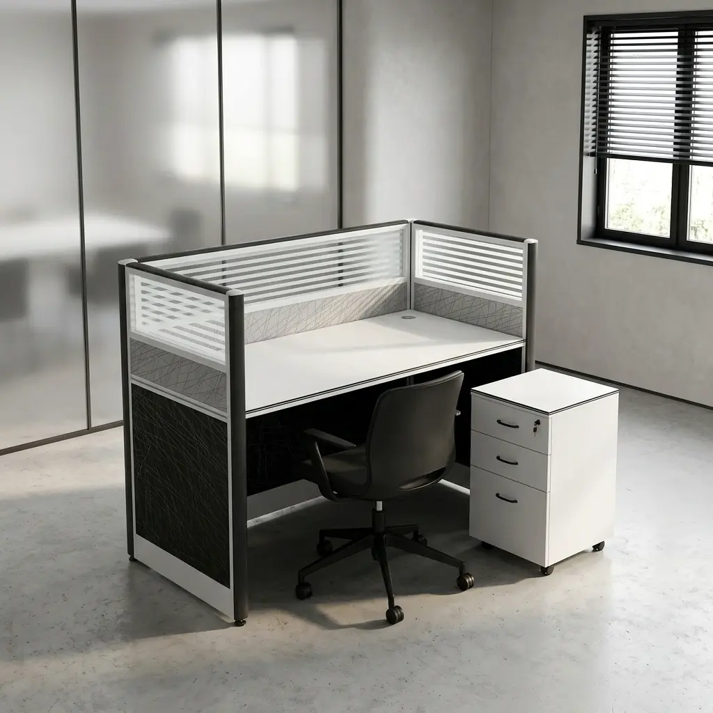 Single modular office workstation featuring a white rectangular desktop enclosed by silver-framed privacy partitions with frosted glass slatted tops, textured grey acoustic mid-panels, and charcoal black textured lower panels, paired with a matching white under-desk mobile pedestal file cabinet with three drawers.