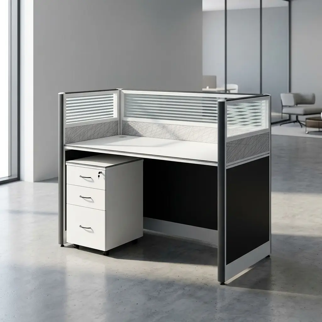 Single modular office workstation featuring a white rectangular desktop enclosed by silver-framed privacy partitions with frosted glass slatted tops, textured grey acoustic mid-panels, and charcoal black textured lower panels, paired with a matching white under-desk mobile pedestal file cabinet with three drawers.