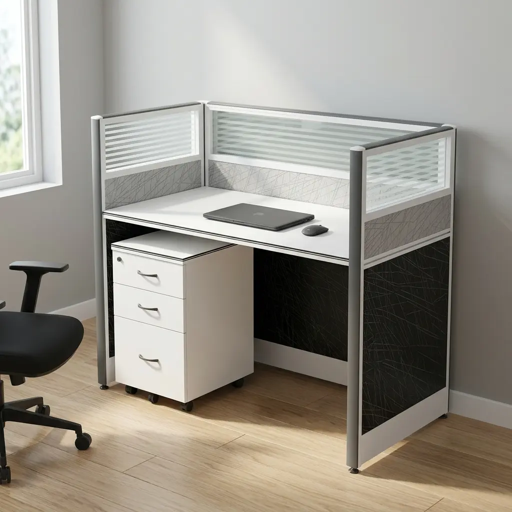 Single modular office workstation featuring a white rectangular desktop enclosed by silver-framed privacy partitions with frosted glass slatted tops, textured grey acoustic mid-panels, and charcoal black textured lower panels, paired with a matching white under-desk mobile pedestal file cabinet with three drawers.