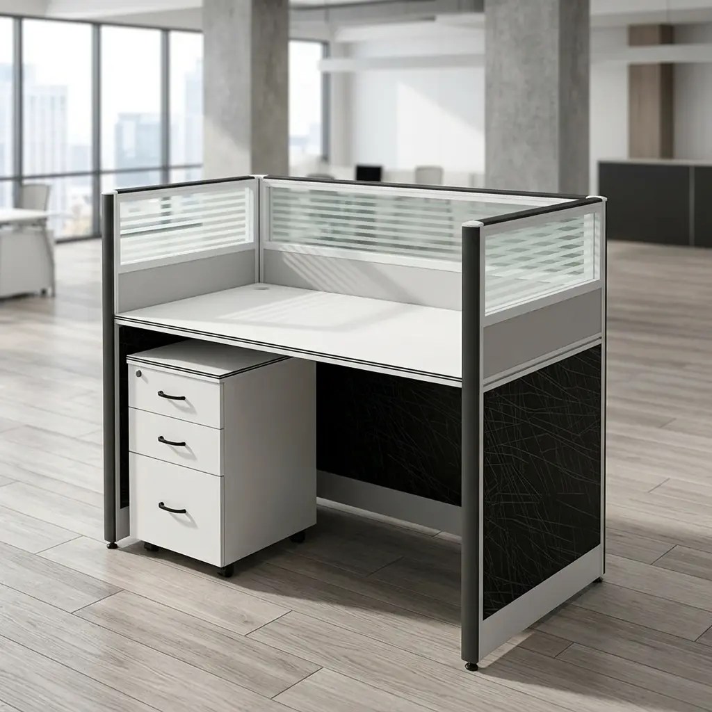 Single modular office workstation featuring a white rectangular desktop enclosed by silver-framed privacy partitions with frosted glass slatted tops, textured grey acoustic mid-panels, and charcoal black textured lower panels, paired with a matching white under-desk mobile pedestal file cabinet with three drawers.