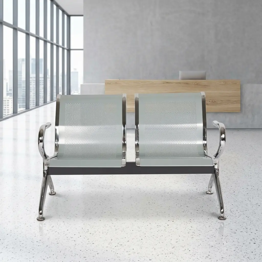2-seater steel waiting bench featuring two contoured light grey perforated metal seats with polished chrome borders, an underlying black metal horizontal support beam, and curved chrome armrests matching the angled chrome legs with adjustable leveling feet.