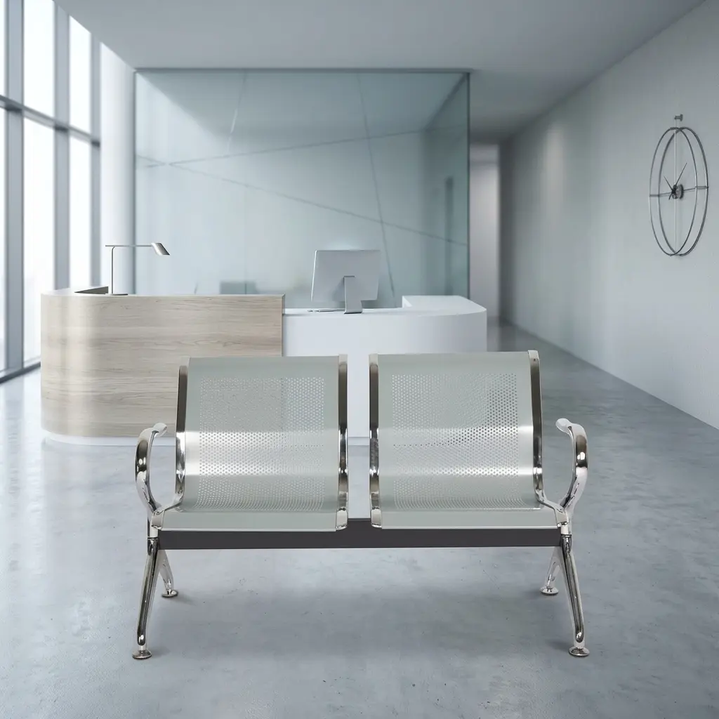 2-seater steel waiting bench featuring two contoured light grey perforated metal seats with polished chrome borders, an underlying black metal horizontal support beam, and curved chrome armrests matching the angled chrome legs with adjustable leveling feet.