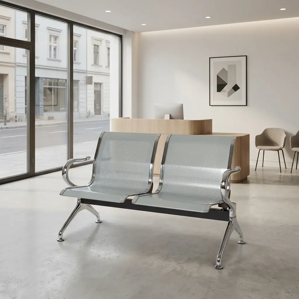 2-seater steel waiting bench featuring two contoured light grey perforated metal seats with polished chrome borders, an underlying black metal horizontal support beam, and curved chrome armrests matching the angled chrome legs with adjustable leveling feet.