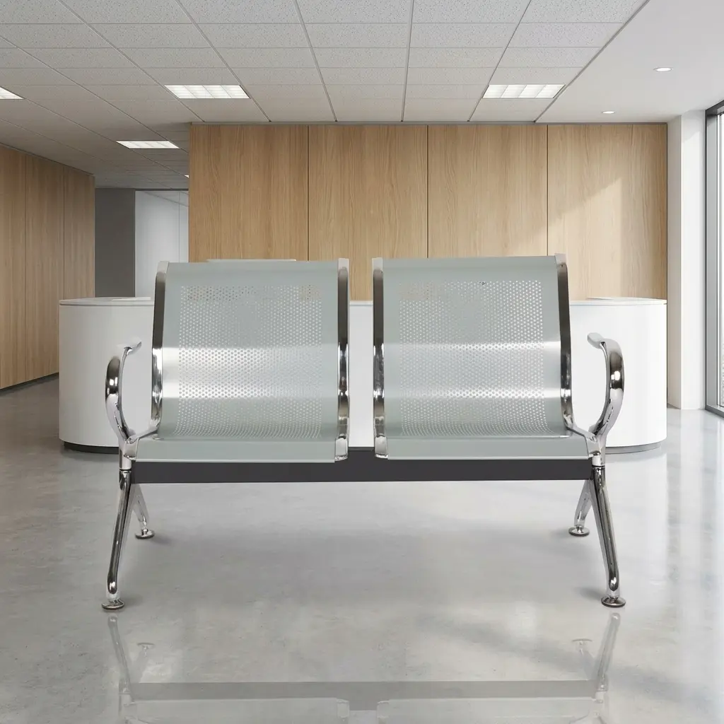 2-seater steel waiting bench featuring two contoured light grey perforated metal seats with polished chrome borders, an underlying black metal horizontal support beam, and curved chrome armrests matching the angled chrome legs with adjustable leveling feet.
