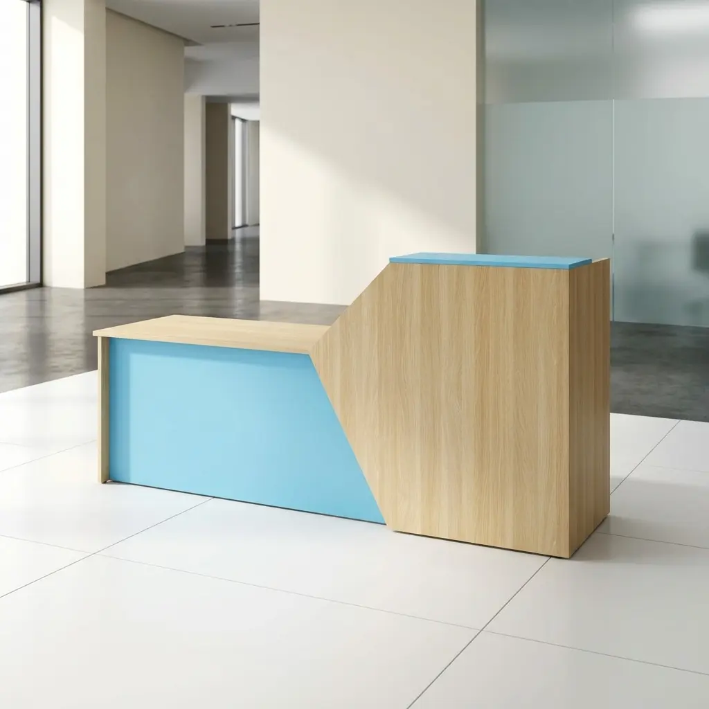 1.8meters reception table featuring a dual-level geometric design, combining a low-profile light oak wood transaction counter with a vibrant sky blue front panel, transitioning diagonally into a raised, matching light oak privacy riser topped with a sky blue accents shelf.