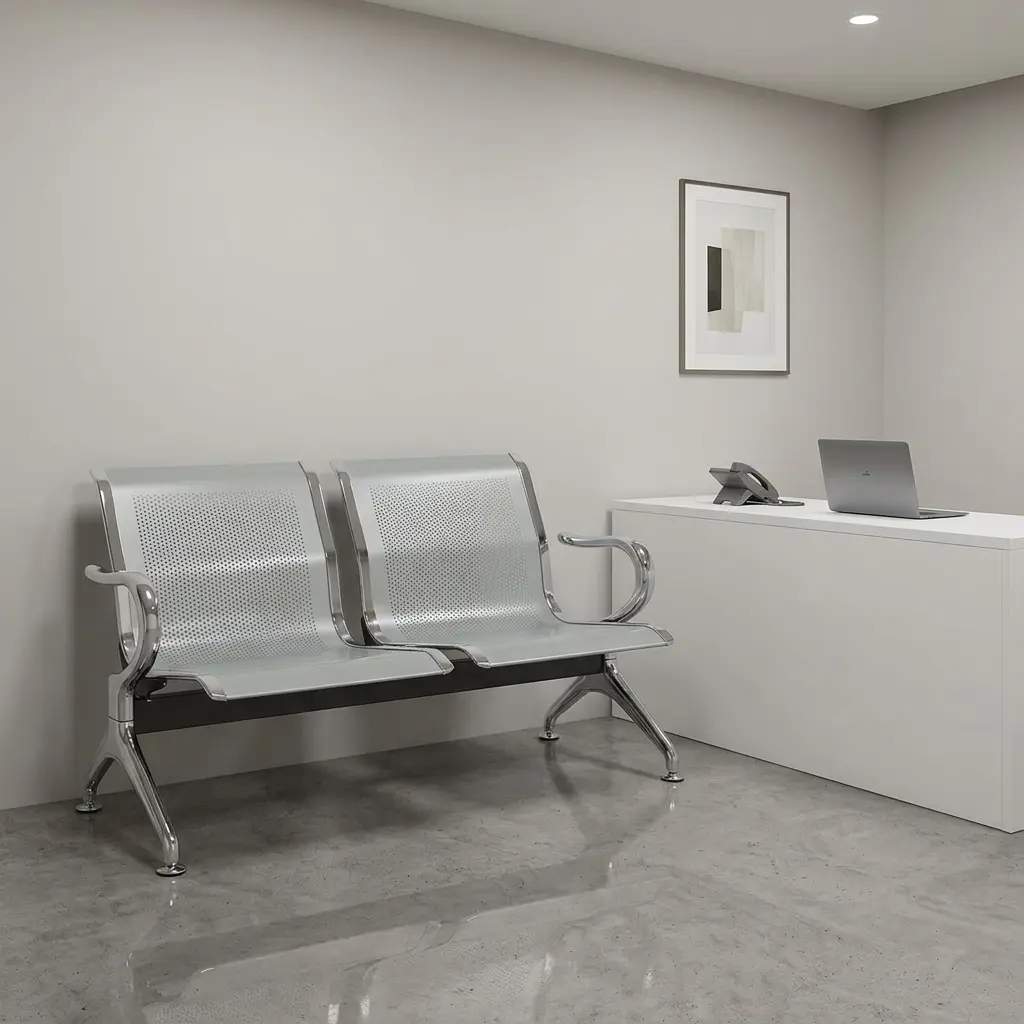 2-seater reception waiting bench featuring two contoured light grey perforated metal seats with polished chrome outer borders, mounted on a central black metal horizontal support beam with curved chrome armrests and angled chrome legs equipped with adjustable leveling glides.