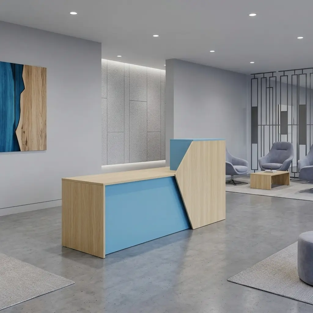 180cm modern reception table showcasing a contemporary dual-level geometric design, featuring a low light oak wood transaction counter with a smooth sky blue front panel that cuts diagonally into a raised light oak privacy riser topped with a matching sky blue counter shelf.