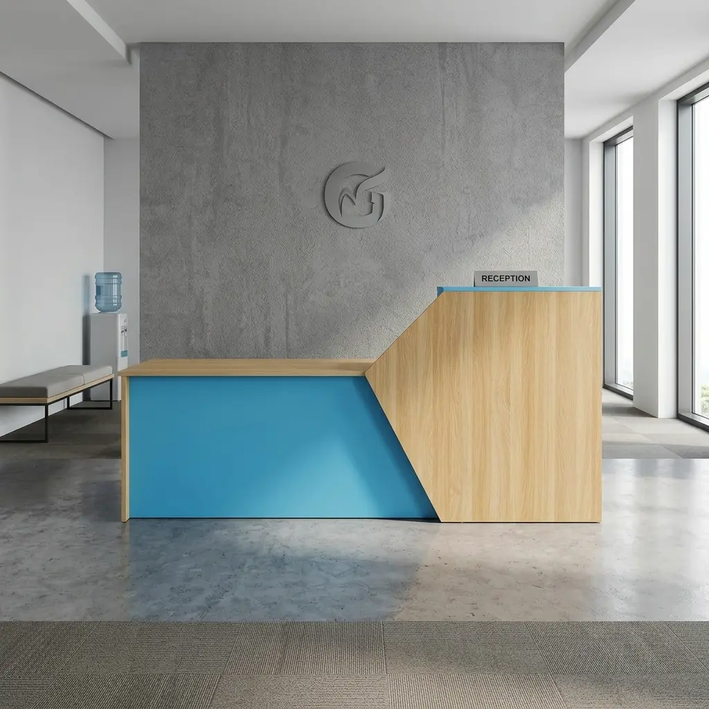 180cm modern reception table showcasing a contemporary dual-level geometric design, featuring a low light oak wood transaction counter with a smooth sky blue front panel that cuts diagonally into a raised light oak privacy riser topped with a matching sky blue counter shelf.