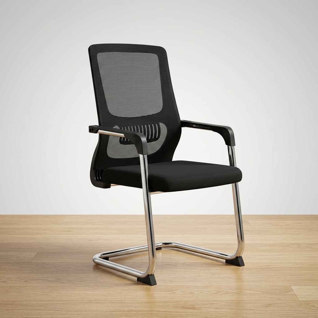 Ergonomic reception waiting chair featuring a contoured black mesh backrest with a prominent slatted lower lumbar support pad, integrated black polymer arm pads over chrome frames, a thick padded black fabric seat cushion, and a polished chrome tubular steel cantilever sled base fitted with black anti-tilt floor stabilizers.