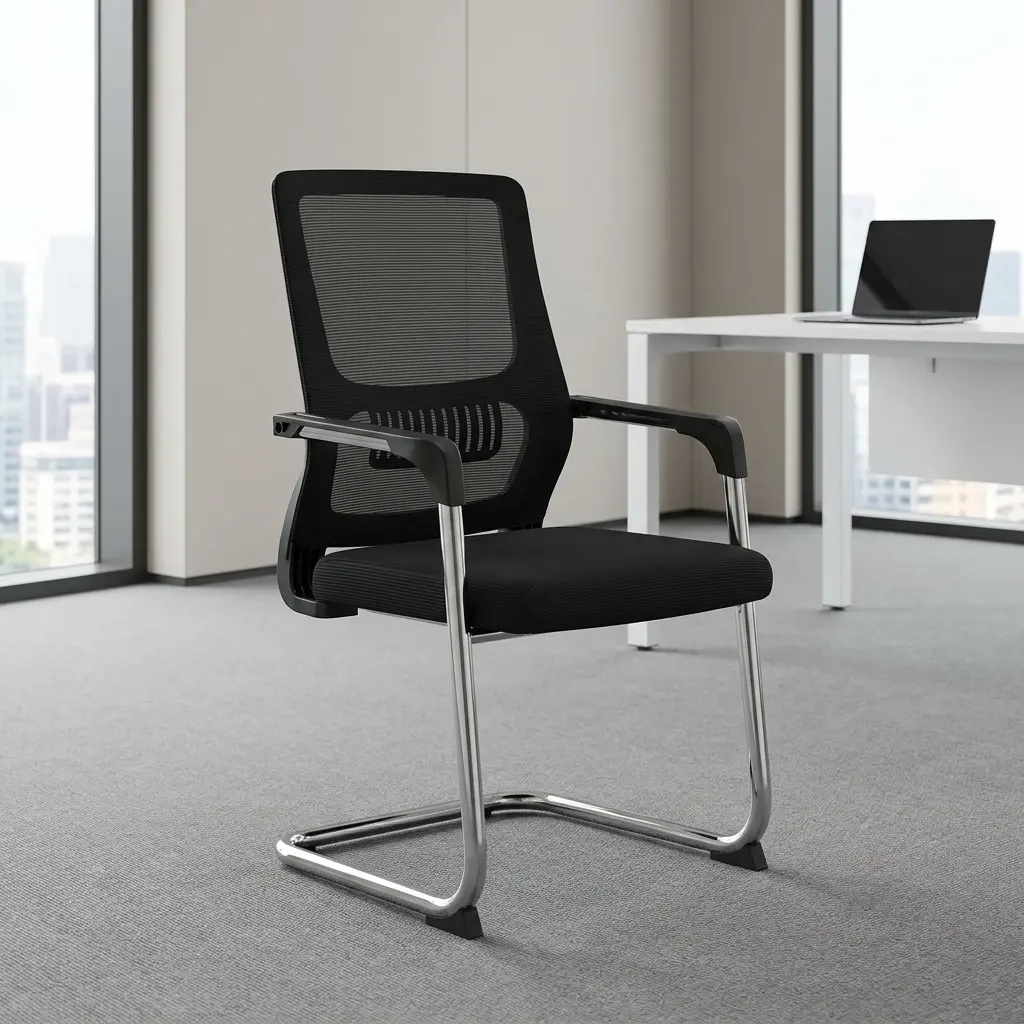 Ergonomic reception waiting chair featuring a contoured black mesh backrest with a prominent slatted lower lumbar support pad, integrated black polymer arm pads over chrome frames, a thick padded black fabric seat cushion, and a polished chrome tubular steel cantilever sled base fitted with black anti-tilt floor stabilizers.