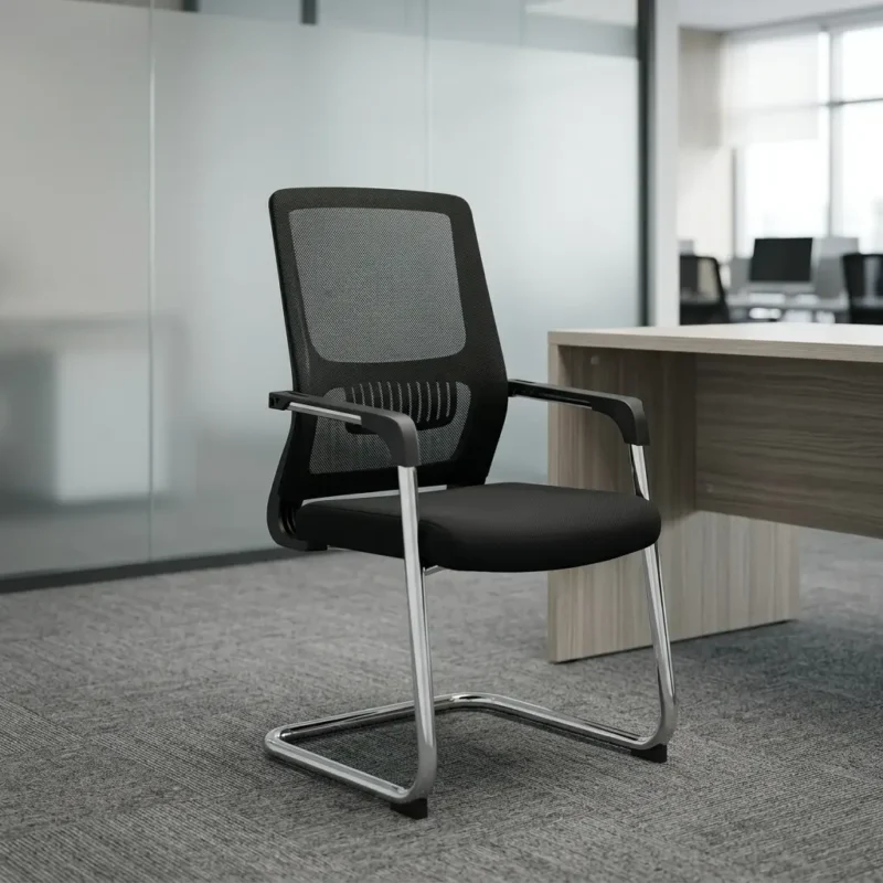 Ergonomic reception waiting chair featuring a contoured black mesh backrest with a prominent slatted lower lumbar support pad, integrated black polymer arm pads over chrome frames, a thick padded black fabric seat cushion, and a polished chrome tubular steel cantilever sled base fitted with black anti-tilt floor stabilizers.