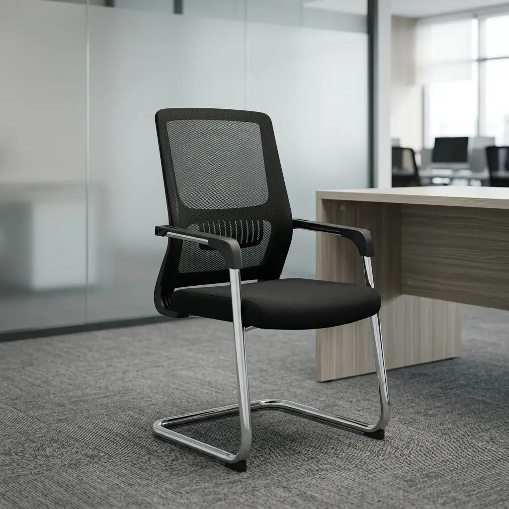 Ergonomic reception waiting chair featuring a contoured black mesh backrest with a prominent slatted lower lumbar support pad, integrated black polymer arm pads over chrome frames, a thick padded black fabric seat cushion, and a polished chrome tubular steel cantilever sled base fitted with black anti-tilt floor stabilizers.