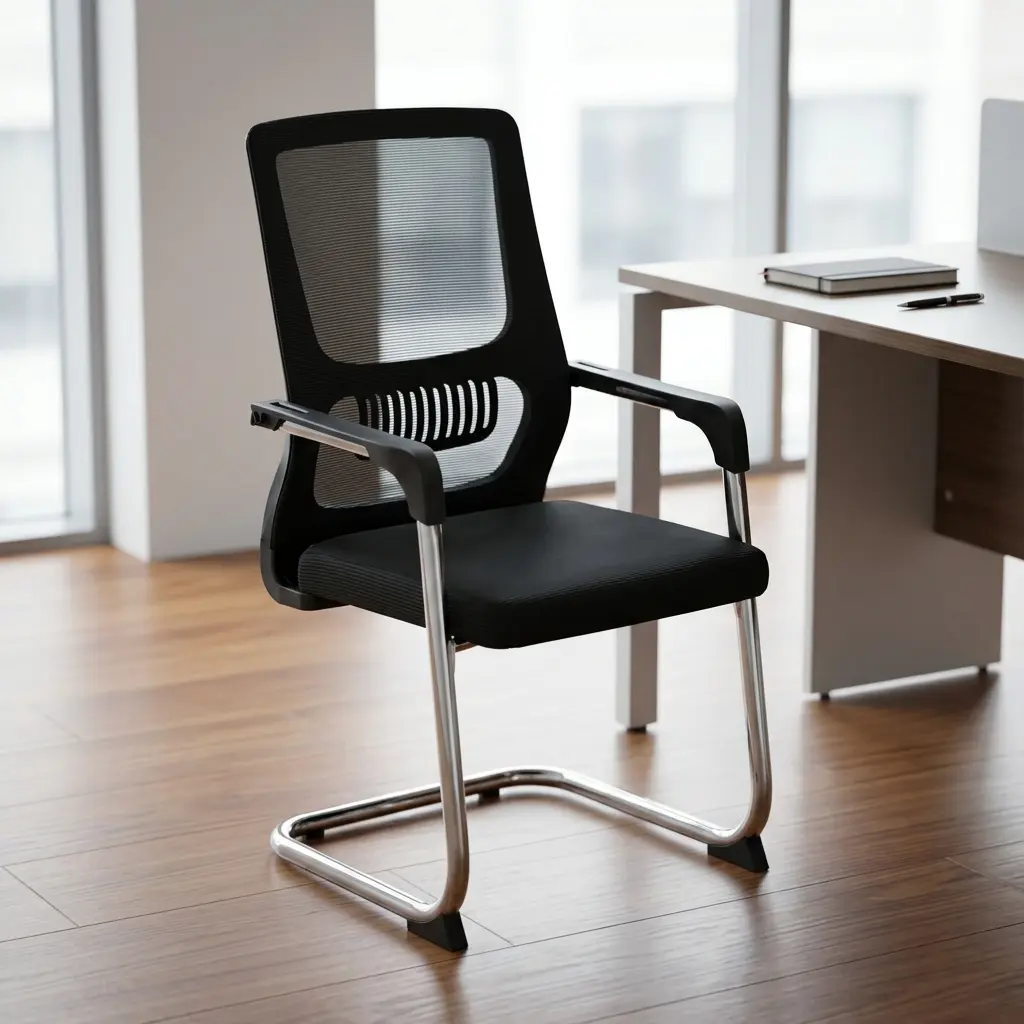Ergonomic reception guest chair featuring a high-back black mesh backrest with an integrated slatted lumbar support pad, fixed black polymer loop arm caps mounted on a chrome frame, a contoured black fabric padded seat cushion, and a shiny tubular chrome steel cantilever sled base fitted with black front and rear anti-tilt floor glides.