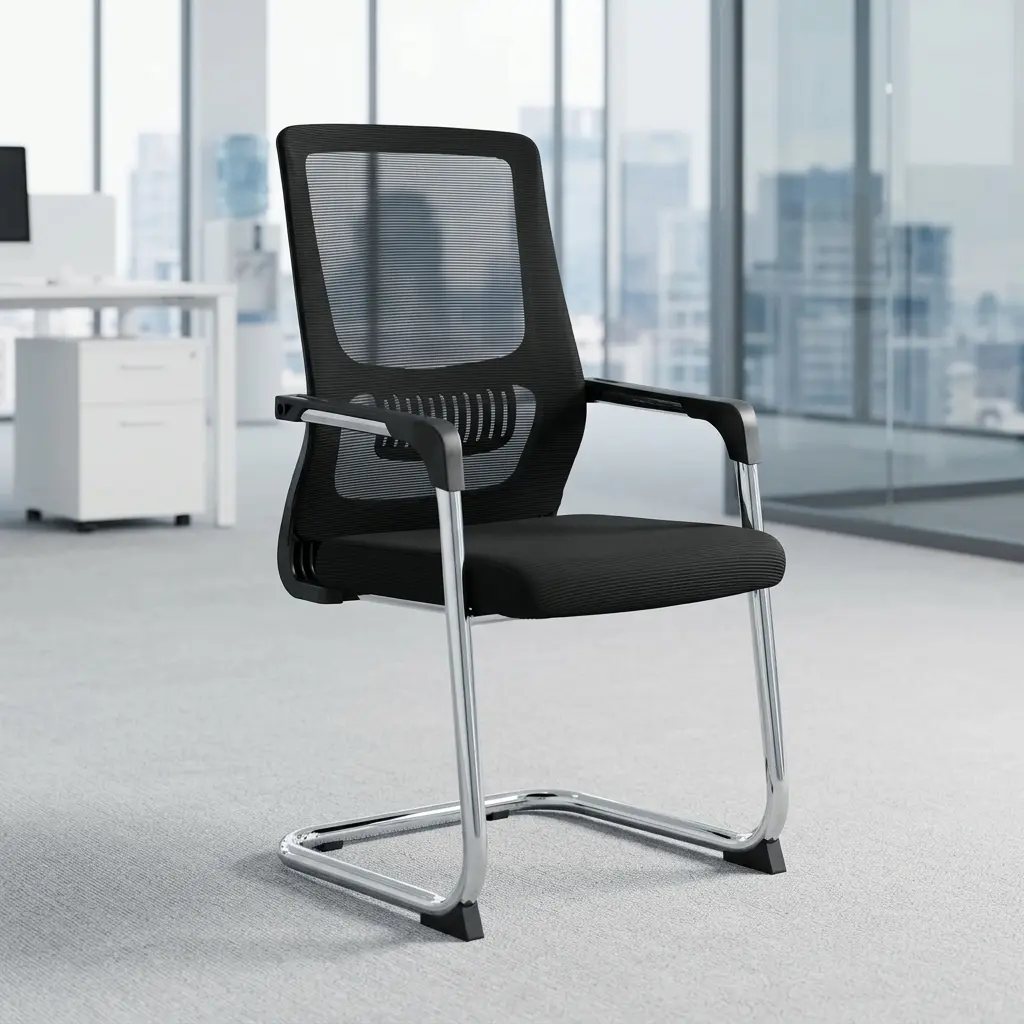 Ergonomic reception guest chair featuring a high-back black mesh backrest with an integrated slatted lumbar support pad, fixed black polymer loop arm caps mounted on a chrome frame, a contoured black fabric padded seat cushion, and a shiny tubular chrome steel cantilever sled base fitted with black front and rear anti-tilt floor glides.