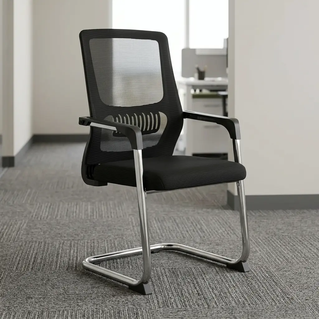 Ergonomic reception guest chair featuring a high-back black mesh backrest with an integrated slatted lumbar support pad, fixed black polymer loop arm caps mounted on a chrome frame, a contoured black fabric padded seat cushion, and a shiny tubular chrome steel cantilever sled base fitted with black front and rear anti-tilt floor glides.