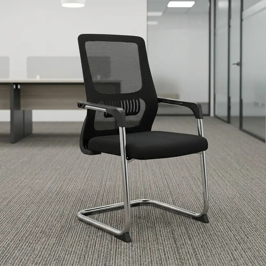 Ergonomic reception guest chair featuring a high-back black mesh backrest with an integrated slatted lumbar support pad, fixed black polymer loop arm caps mounted on a chrome frame, a contoured black fabric padded seat cushion, and a shiny tubular chrome steel cantilever sled base fitted with black front and rear anti-tilt floor glides.