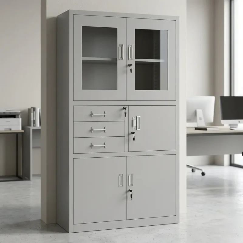 Office cabinet with safe featuring a matte grey steel frame divided into three sections: a top display cabinet with twin glass-paneled swing doors and a key lock, a multi-functional middle tier containing three stacked storage drawers alongside a secure, lockable safe compartment door with an integrated recessed handle, and a bottom base section with dual solid steel swing doors under a central key lock system.