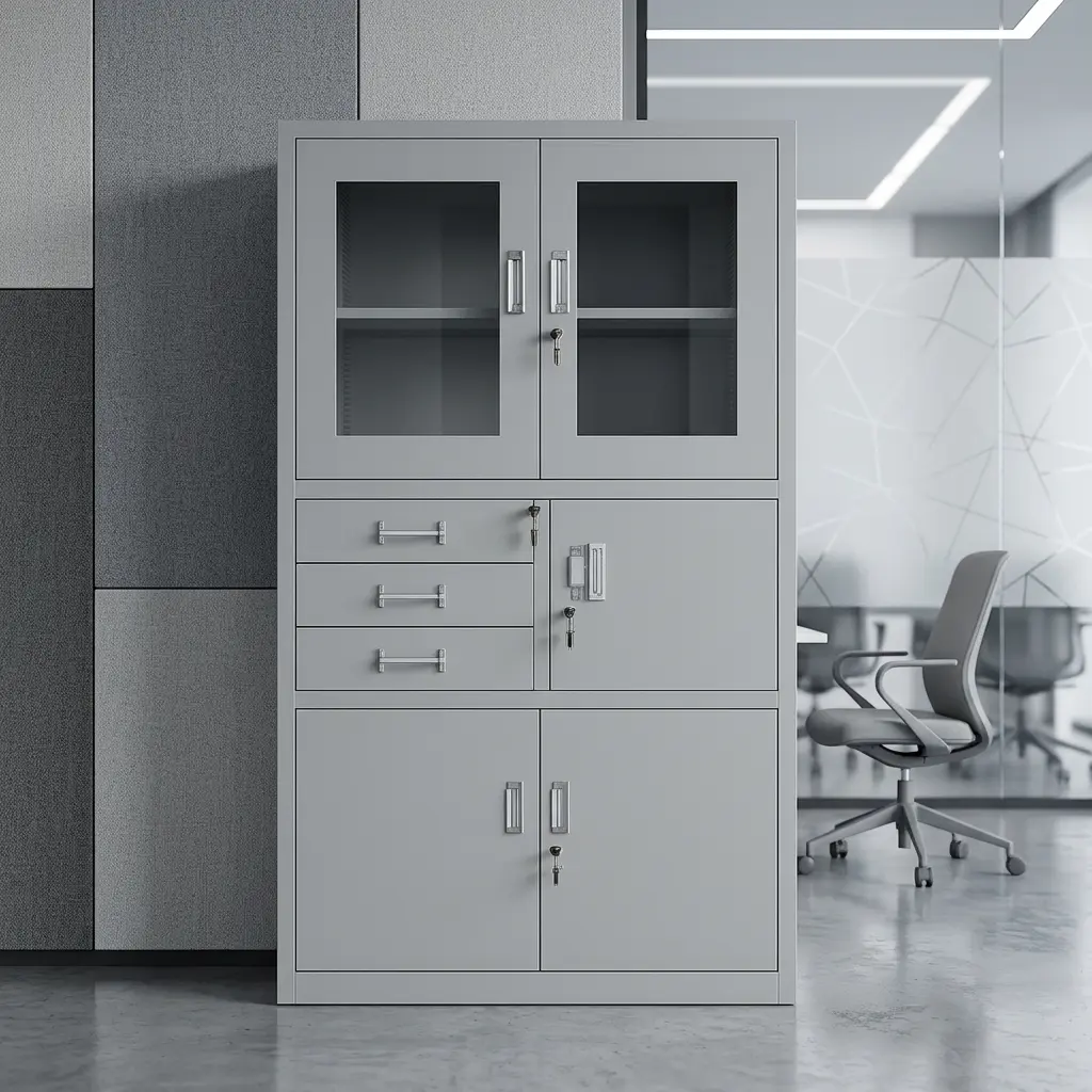 Office cabinet with safe featuring a matte grey steel frame divided into three sections: a top display cabinet with twin glass-paneled swing doors and a key lock, a multi-functional middle tier containing three stacked storage drawers alongside a secure, lockable safe compartment door with an integrated recessed handle, and a bottom base section with dual solid steel swing doors under a central key lock system.