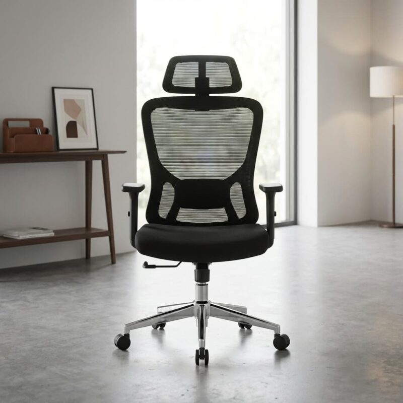 Black Orthopedic office chair featuring an adjustable mesh headrest, a high-back breathable mesh backrest with integrated lumbar support, height-adjustable T-shaped armrests, a contoured black fabric seat cushion, and a polished chrome five-star swivel base on rolling casters.
