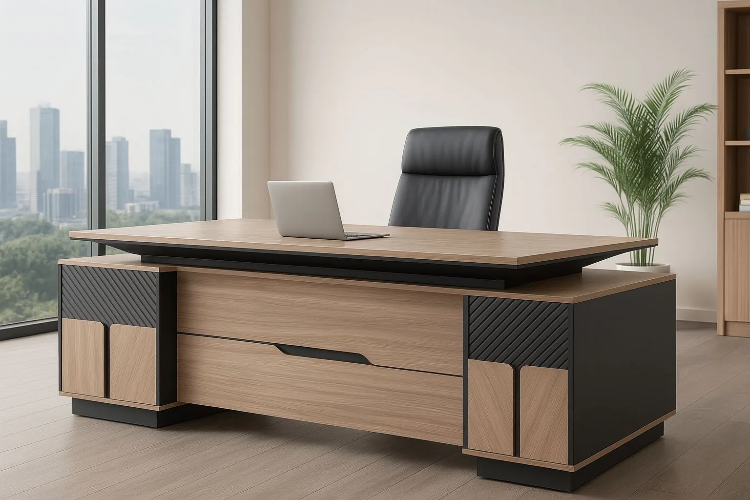 2.4m managerial executive desk in an L-shaped configuration featuring a light oak wood grain melamine floating tabletop with an embedded silver rectangular cable flip-box, an integrated charcoal grey side return credenza, and a textured front modesty panel accented with fluted dark grey panels and wood-toned cabinet facades.