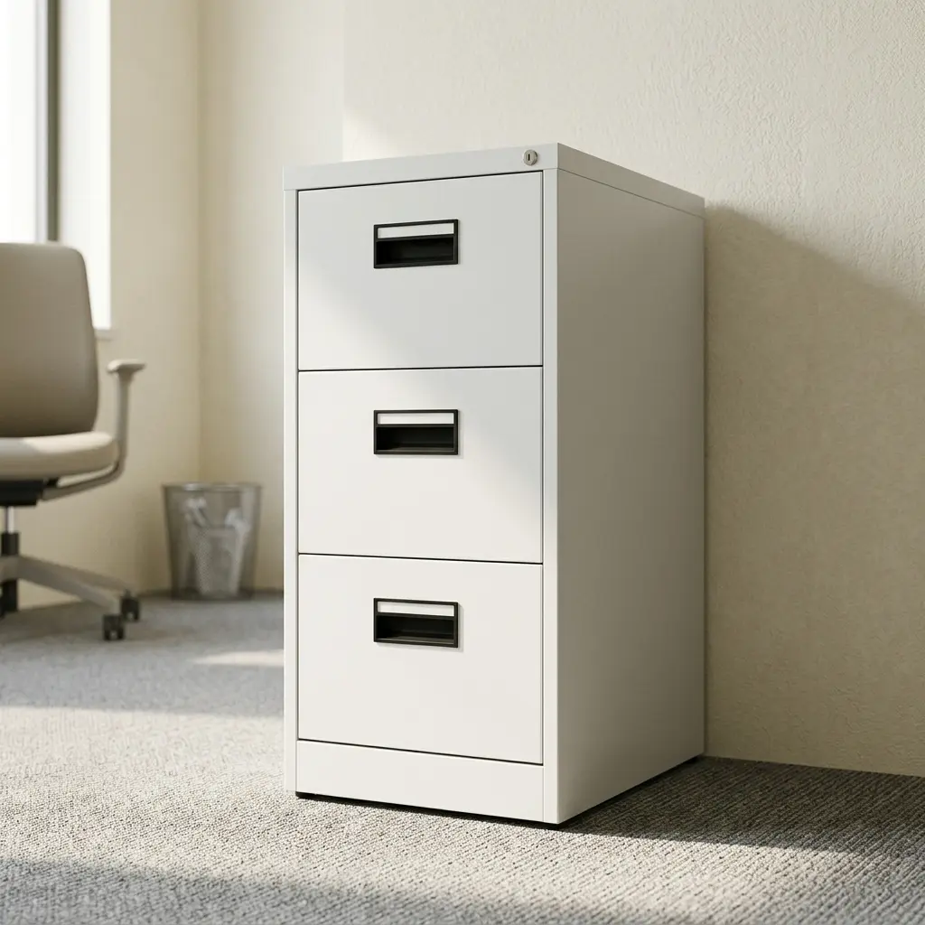 3-drawer steel file cabinet featuring a clean white powder-coated finish, three vertical pull-out filing drawers with recessed black handles and label holders, and a top-corner lock core for secure central locking.
