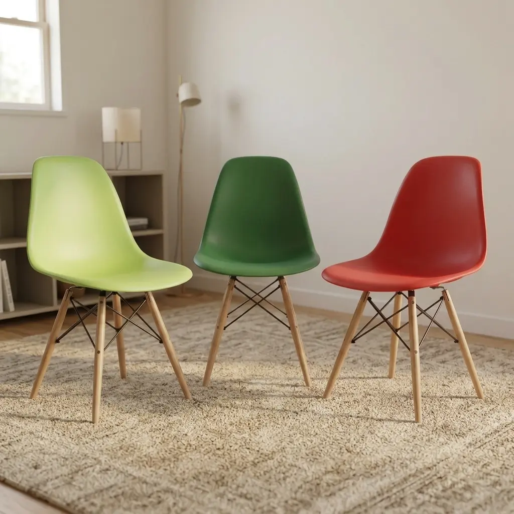 Plastic Eames dining chairs featuring molded polypropylene side shells in light green, dark green, and red, supported by natural wood dowel legs with black metal Eiffel wire cross-bracing.