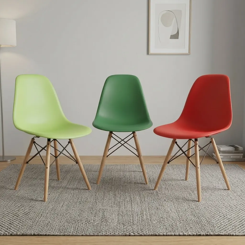 Plastic Eames dining chairs featuring molded polypropylene side shells in light green, dark green, and red, supported by natural wood dowel legs with black metal Eiffel wire cross-bracing.