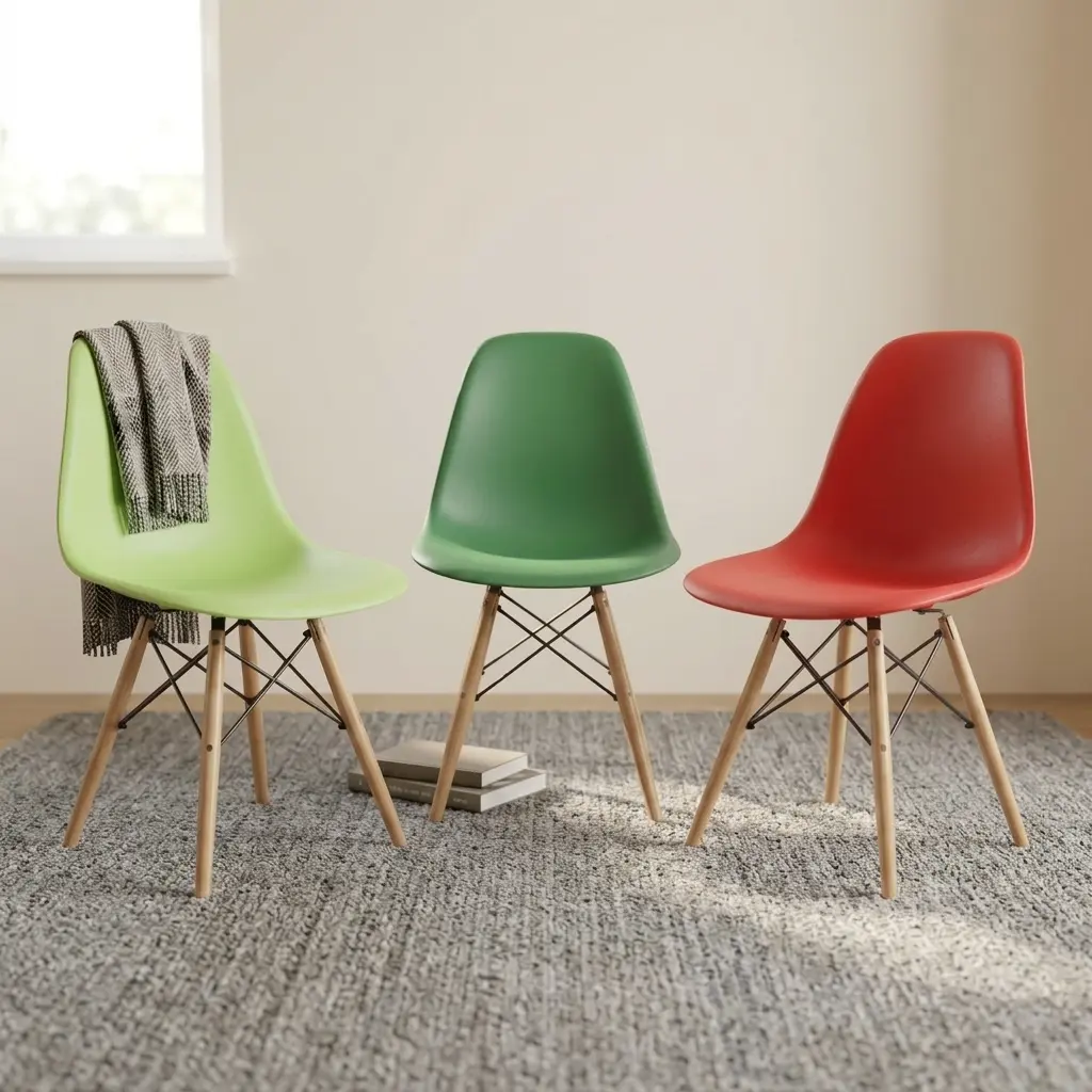 Plastic Eames dining chairs featuring molded polypropylene side shells in light green, dark green, and red, supported by natural wood dowel legs with black metal Eiffel wire cross-bracing.
