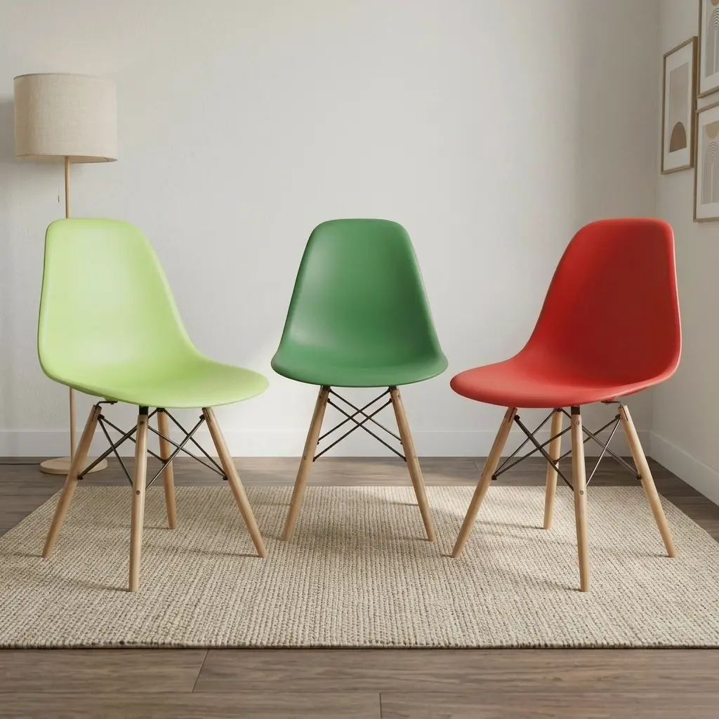 Plastic Eames dining chairs featuring molded polypropylene side shells in light green, dark green, and red, supported by natural wood dowel legs with black metal Eiffel wire cross-bracing.