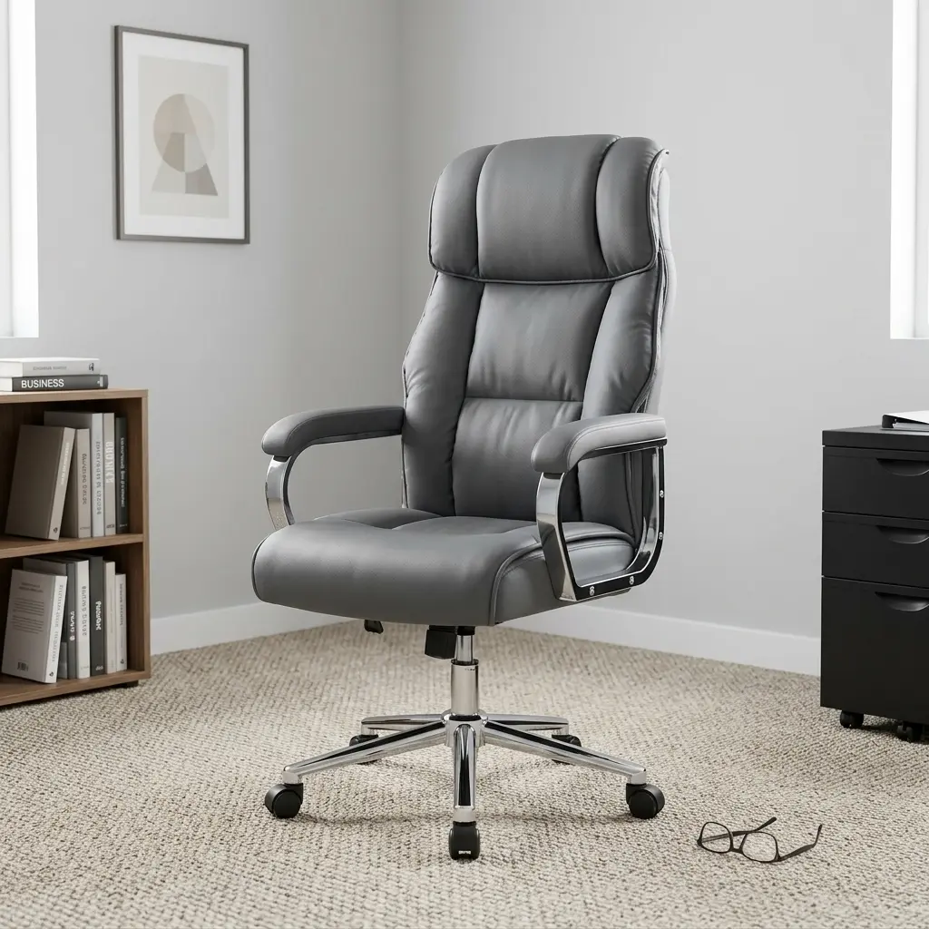 Gray leather executive chair featuring a high backrest with plush segmented cushioning, padded leather armrests on chrome frames, pneumatic height control levers, and a polished metallic five-star swivel base with dual-wheel caster wheels.