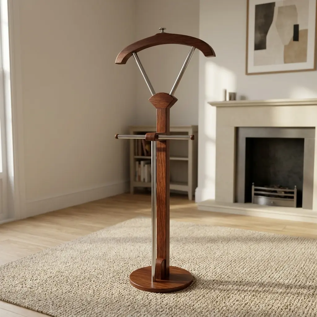 Wooden office coat hanger featuring a rich mahogany-stained finish, a contoured top coat hanger with metallic V-shaped support struts, a horizontal trouser bar, and a central vertical post anchored by a weighted round base.