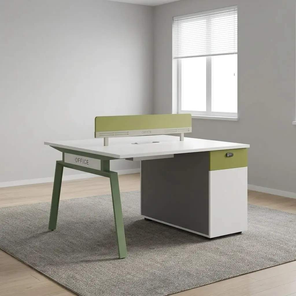 2-seater white workstation featuring dual white desktop surfaces, a central olive green divider panel, olive green angled metal leg framing, and an integrated side storage unit with grey side panels and white drawers with olive green top-drawer accents.