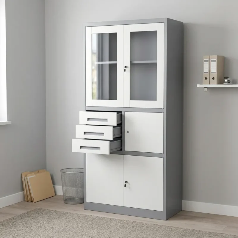 White office cabinet with safe featuring a dark grey steel outer frame, upper white-framed glass double doors with internal shelving, a middle section with three stacked pull-out drawers alongside a lockable single-door compartment, and a lower set of solid white double doors with key-lock storage.