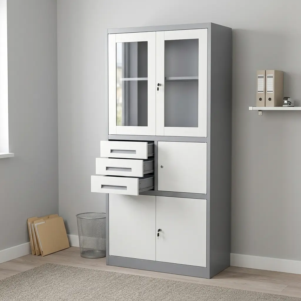 White office cabinet with safe featuring a dark grey steel outer frame, upper white-framed glass double doors with internal shelving, a middle section with three stacked pull-out drawers alongside a lockable single-door compartment, and a lower set of solid white double doors with key-lock storage.