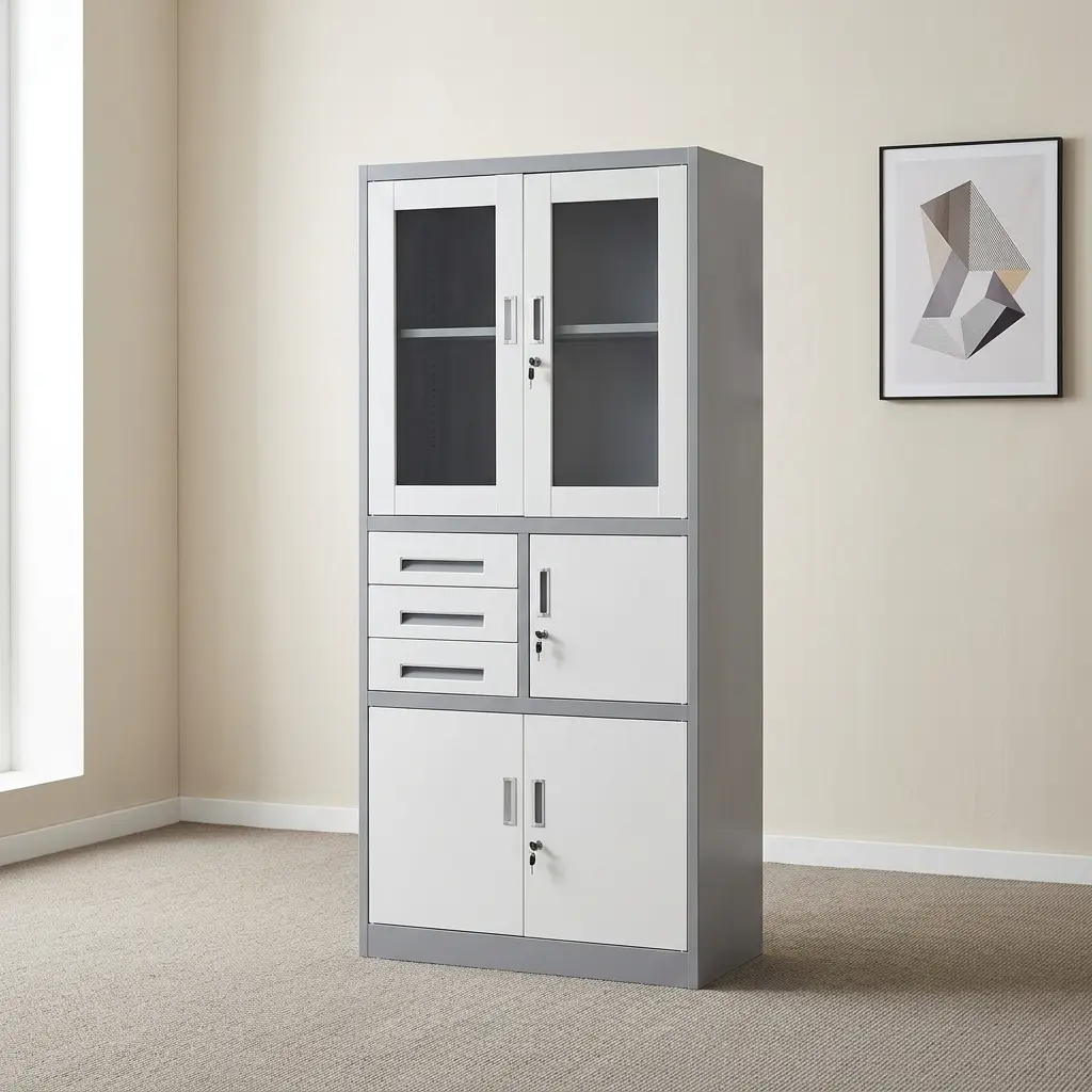 White office cabinet with safe featuring a dark grey steel outer frame, upper white-framed glass double doors with internal shelving, a middle section with three stacked pull-out drawers alongside a lockable single-door compartment, and a lower set of solid white double doors with key-lock storage.