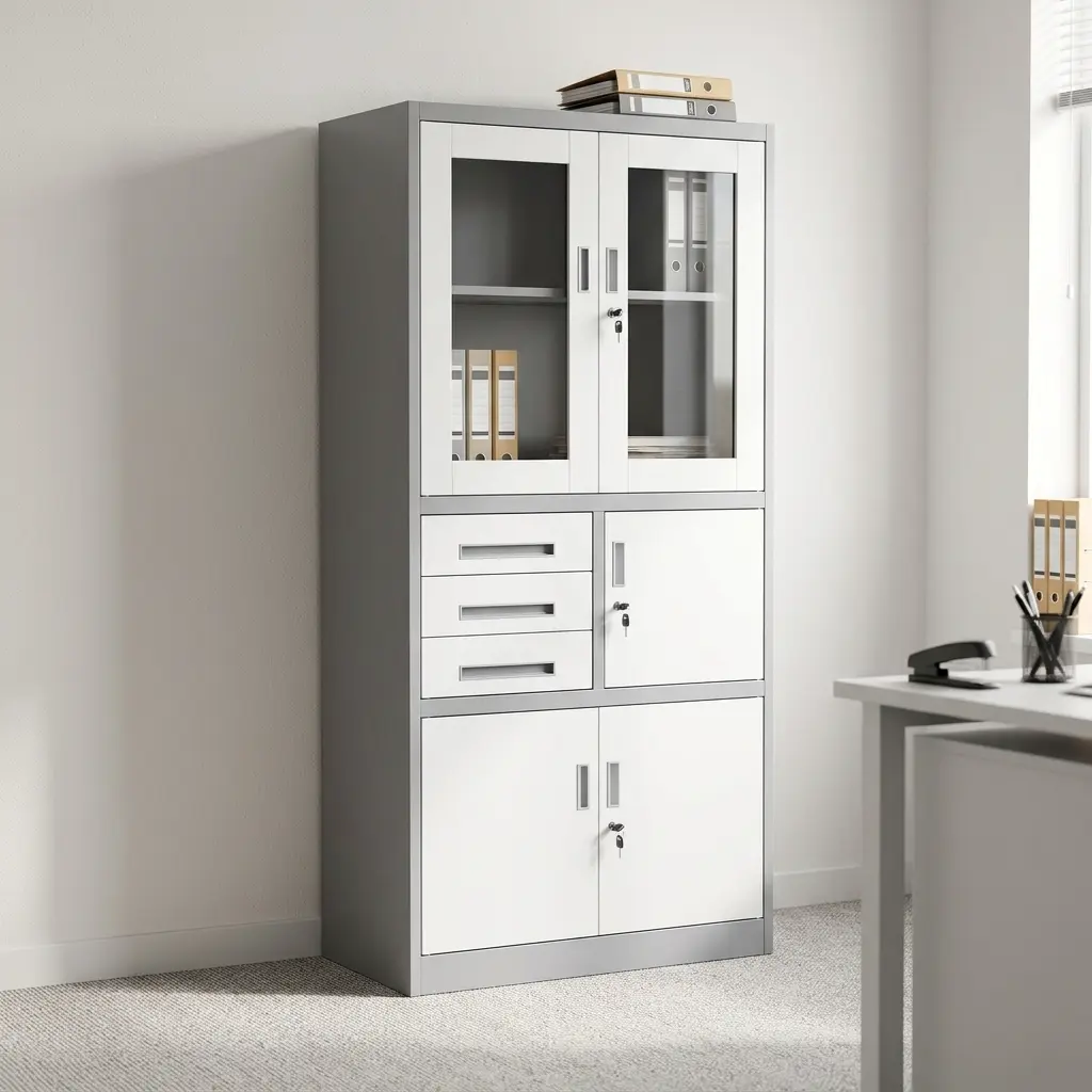 White office cabinet with safe featuring a dark grey steel outer frame, upper white-framed glass double doors with internal shelving, a middle section with three stacked pull-out drawers alongside a lockable single-door compartment, and a lower set of solid white double doors with key-lock storage.
