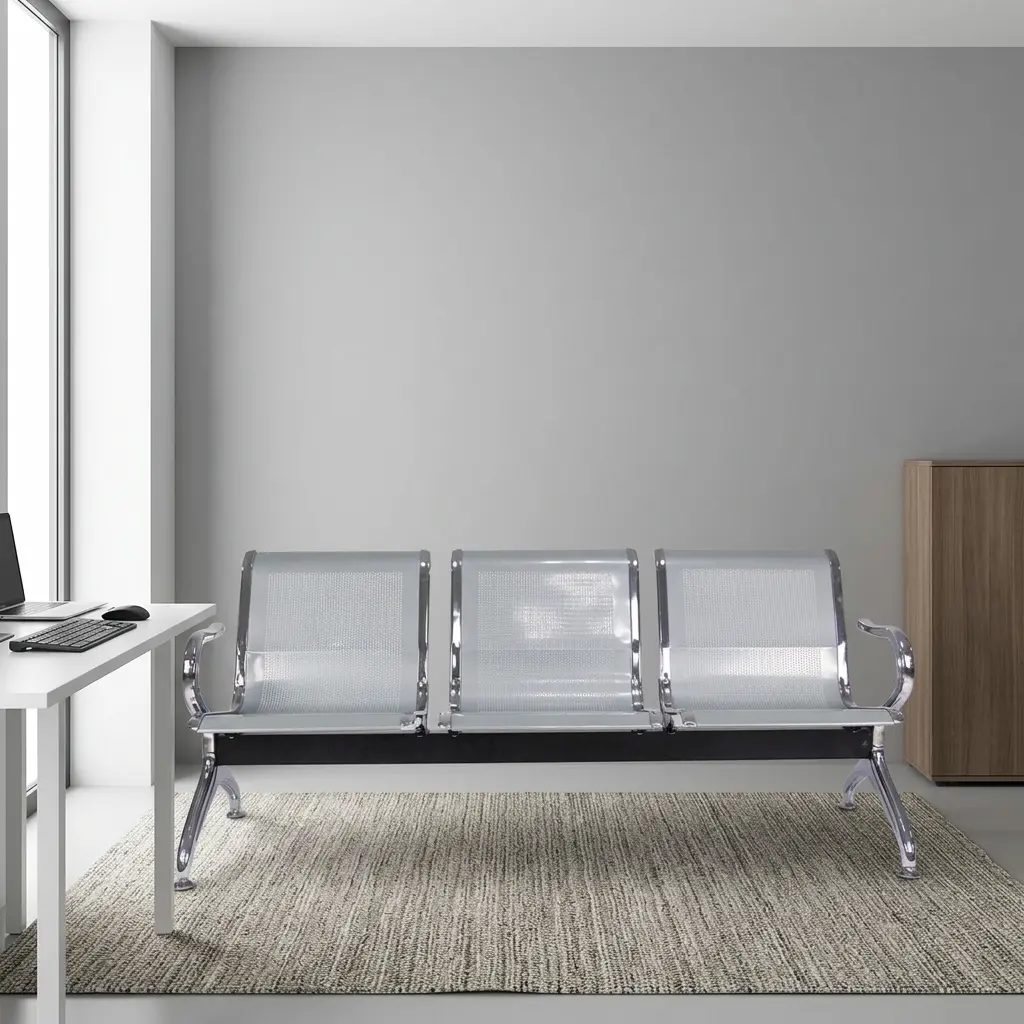 Non-padded steel waiting bench featuring three perforated metallic seats with contoured backrests, curved chrome armrests, a heavy-duty black crossbar beam, and chrome-finished angled legs.