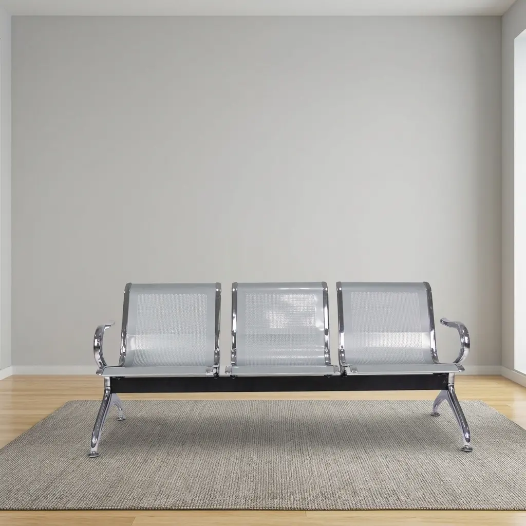 Non-padded steel waiting bench featuring three perforated metallic seats with contoured backrests, curved chrome armrests, a heavy-duty black crossbar beam, and chrome-finished angled legs.