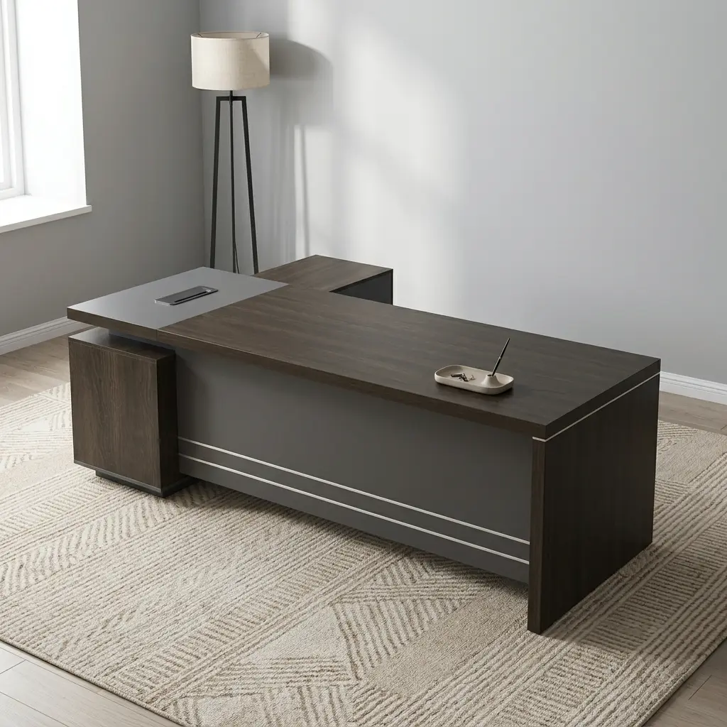 1.6m L-shaped executive desk featuring a dark walnut wood-grain main desktop, an integrated charcoal grey side return cabinet with a raised cable management hub, a full front modesty panel with dual horizontal metallic accent stripes, and sturdy panel leg supports.