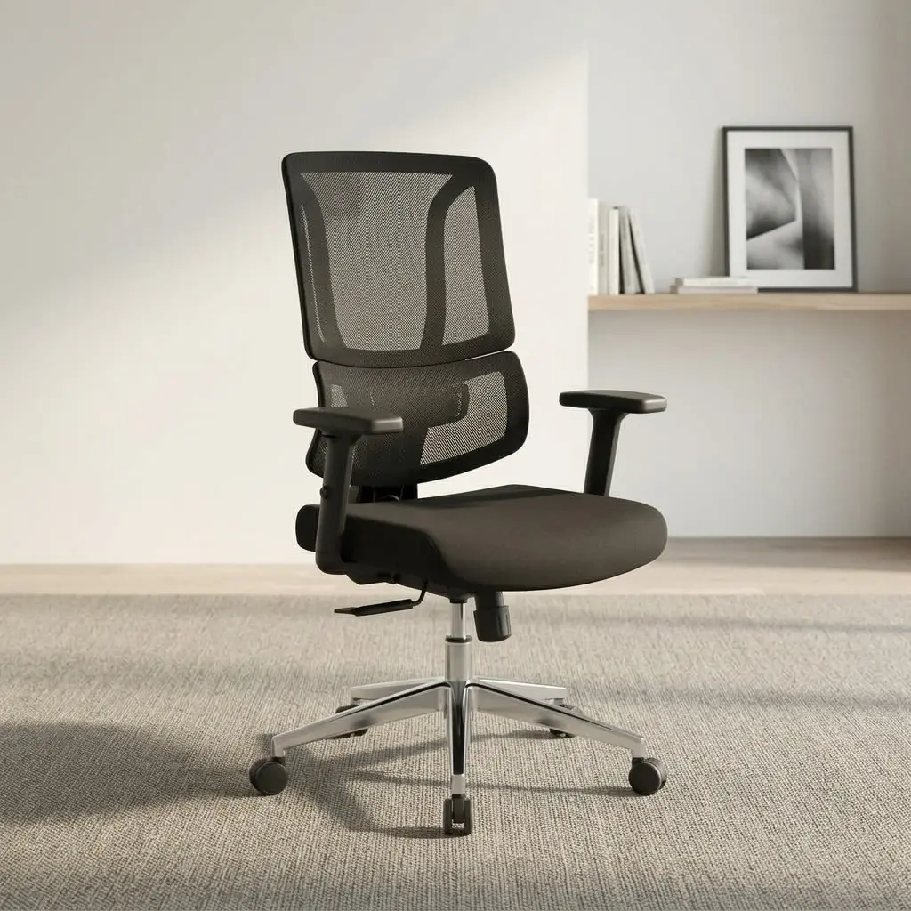Mid-back orthopedic office chair featuring a breathable black mesh backrest with a separate lumbar support section, a thick padded fabric seat cushion, T-shaped adjustable armrests, tilt and pneumatic height control levers, and a polished metallic five-star swivel base with dual-wheel caster wheels.